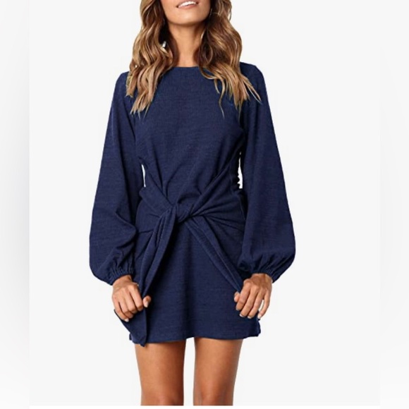 Cotton Long Sleeves Elegant Knitted Bodycon Tie Waist Sweater Pencil Dress - Picture 1 of 2